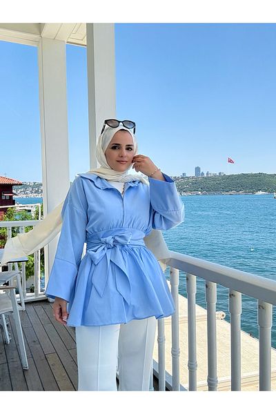 Aselim Hijap Moda Poplin Kimono Shirt – Blue with Belt at the Waist and Buttons