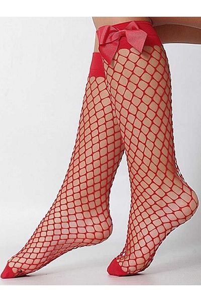 AC BOX Red Mesh Knee-Length Girls' Socks with Bow