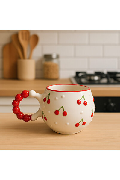 SırART مقبض لؤلؤي، كوب سيراميك مطرز يدويًا بنمط الكرز