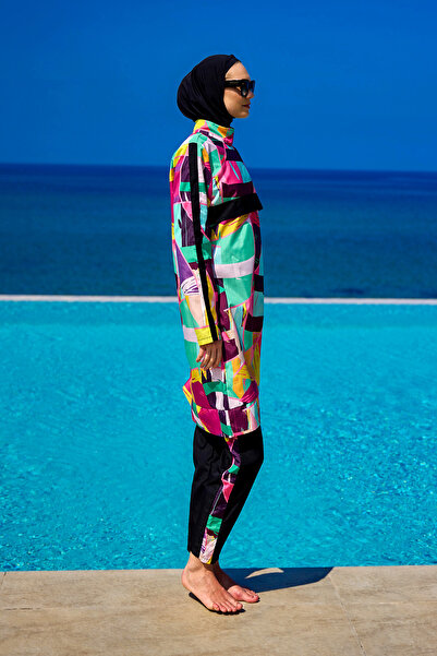 Riva Mera Desenli Tesettür Mayo Parça Tam Kapalı Mayo R2511