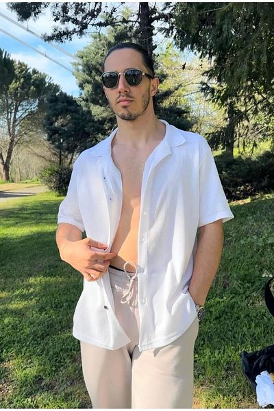 Store 100% Cotton Slim Fit Summer Men's Short Sleeve White Shirt