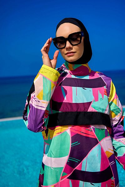 Riva Mera Patterned Hijab Swimsuit Piece Full Covered Swimsuit R2511