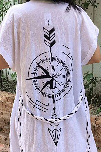 İZMİR ASKERİ MALZEME قميص شاطئ بأكمام قصيرة من الكتان المطبوع باللون الأبيض ب...