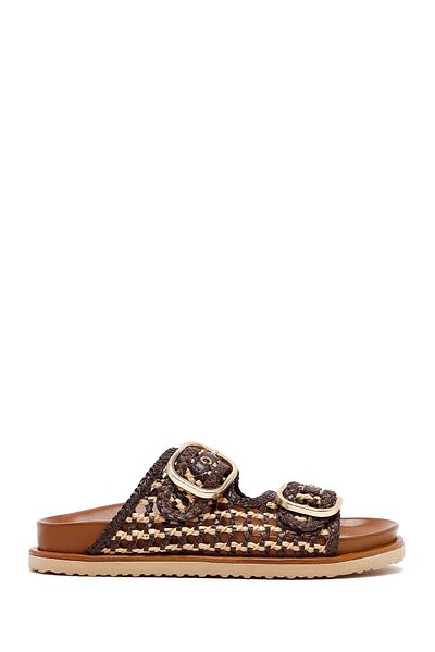 Derimod Women's Brown Double Buckle Straw Leather Slippers 25Sfd5506M7