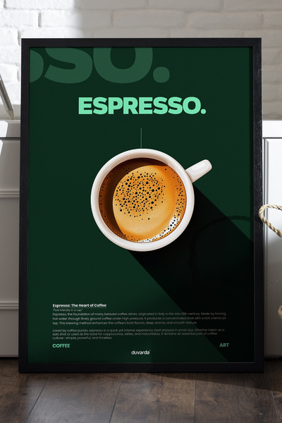 Duvarda Espresso kafa, crni poster u drvenom okviru, dekorativna zidna slika