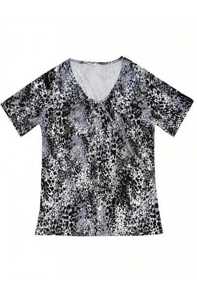 REKA MODA Women's V-Neck Colorful Leopard Pattern Gather Detail Single Jersey Blouse