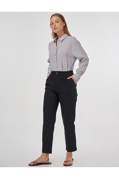 Kayra Elastic Waist Pipe Leg Trousers Black