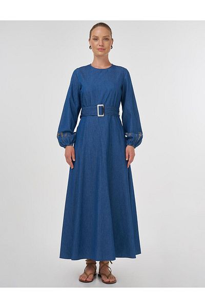Kayra Λεπτομερές βαμβακερό φόρεμα με αγκράφα Indigo