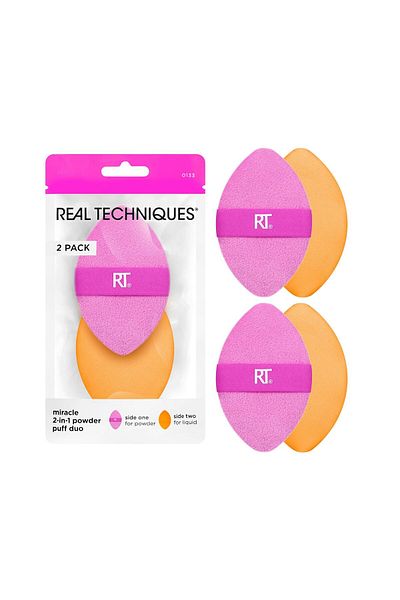 Real Techniques Miracle 2-In-1 Powder Puff 2 Pack, Dual-Sided, Full Size Makeup Blending Puff, Rever