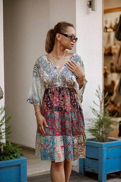 Miss Boheme Red Color Patchwork Patterned Tie Front V Back Tie Short Silk Dress