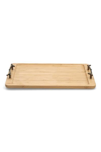 Generic صينية تقديم مستطيلة متينة من الخيزران بمقبض معدني من Bien Servi، لون بني، 40 × 25 سم، G17-X344