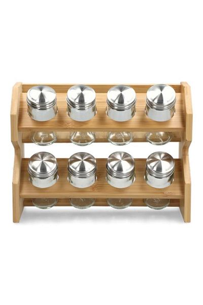 Generic طقم مرطبان توابل من الخيزران من Bien Servi مكون من 8 قطع مع حامل شفاف وبني G18-X001