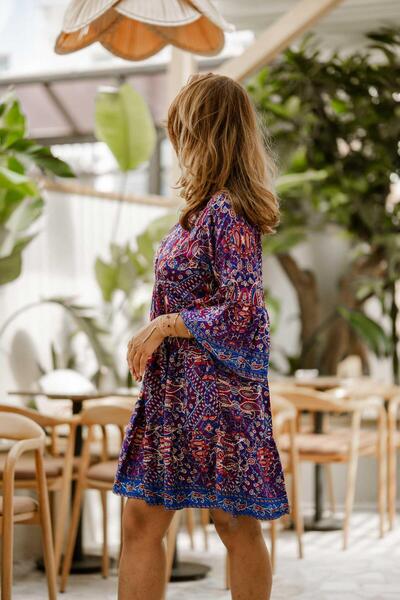 Miss Boheme Blue Color Half Button Detail Short Silk Dress
