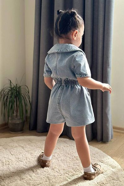 Minigimin Cicileri Mini Girl's Buttoned Girl's Denim Jumpsuit with Buttoned Collar - Light Blue