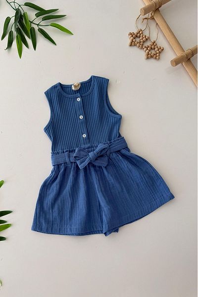 Minigimin Cicileri Baby Girl's Cotton Muslin Shorts Detailed Baby Girl Jumpsuit with Button Detail - Blue