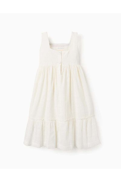 Ziddy Dobby Fabric Dress with Embroidery for Girls, White