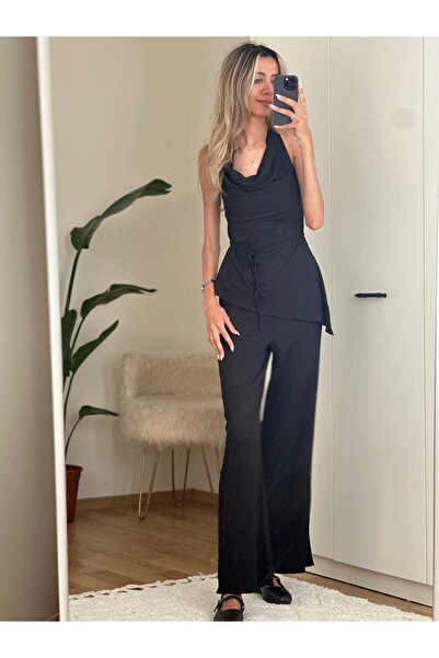 MODA Halter Neck Blouse Pants Stretchy Knitted Suit Black