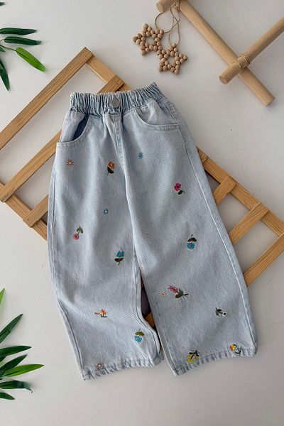 Minigimin Cicileri Little Girl's Jeans with Flower Embroidery Detail - Light Blue