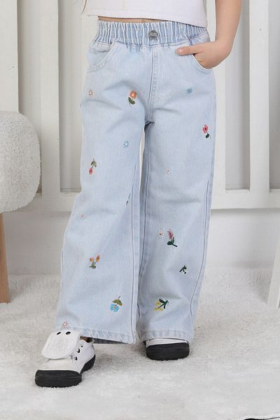 Minigimin Cicileri Little Girl's Jeans with Flower Embroidery Detail - Light Blue