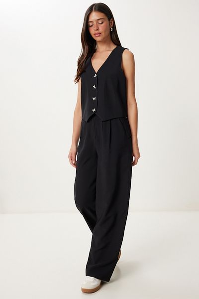 Lovelyİstanbul Bow Button Linen Vest Pants Suit Black Lrv0110