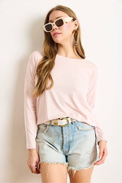 Olalook Γυναικεία Candy Pink Crew Neck Bat Flowy βισκόζη μπλούζα BLZ-19002588
