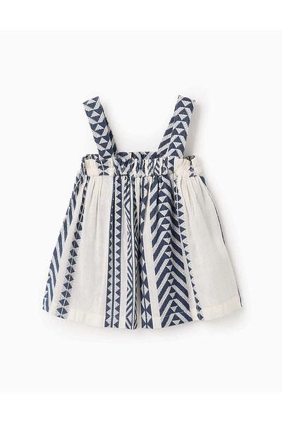 Ziddy Ethnic Pattern Cotton Top for Girls, Beige/Blue