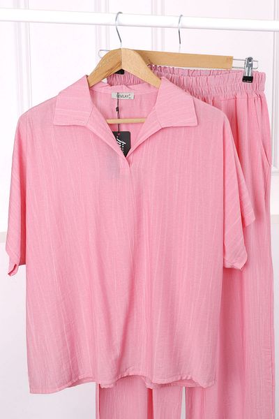 İmajButik Ροζ Πουκάμισο Off Shoulder Λινό Σετ με Παντελόνι