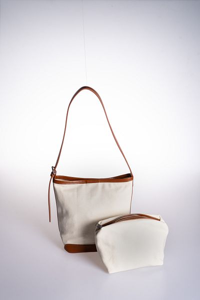 Oblavion Adjustable Hand and Shoulder Bag with Tan Piping Detail Cream Canvas Puppy Bag Gift