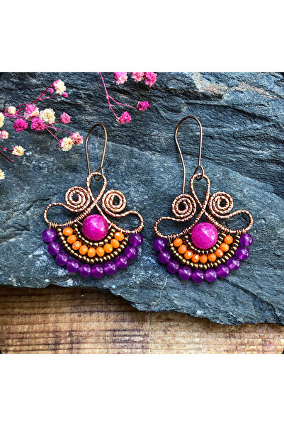 MODA Ceyt Doğal Taşlı El Yapımı Bakır Tel Sarma Küpe