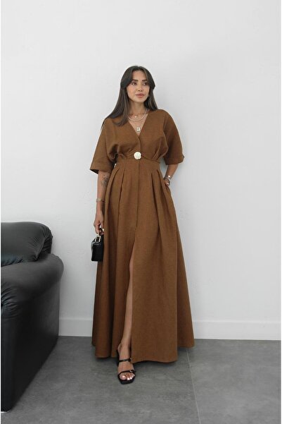 Havoş Φόρεμα από ακατέργαστο λινό με αξεσουάρ Camel Gold