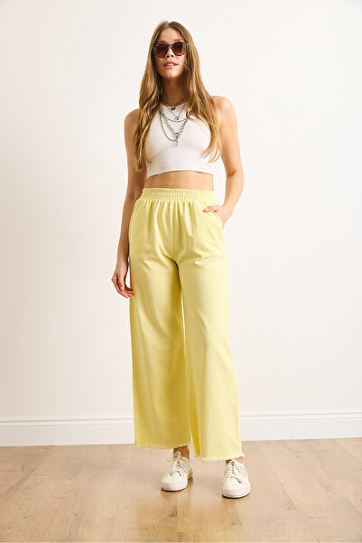 Olalook Women's Yellow Elastic Waist Pocketed Leg Tassel Detailed Washed Gabardine Trousers Pnt-19000351