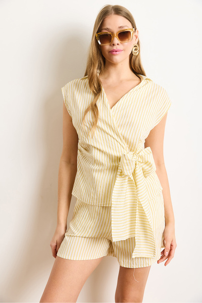 Olalook Women's Yellow Striped Side Tie Detailed Striped Rayon Fabric Blouse Blz-19003035