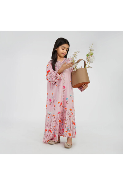 LINELLE Floral Print Kids Jalabiya – Pink Maxi with V-Neck and Stone Embellis...