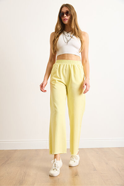 Olalook Women's Yellow Elastic Waist Pocketed Leg Tassel Detailed Washed Gabardine Trousers Pnt-19000351