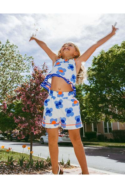 Ziddy Top Floral Motif for Girls 'You&Me', White/Blue/Coral