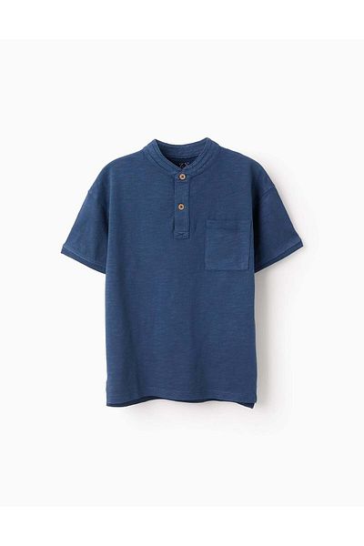 Ziddy Cotton T-shirt with Mao Collar for Boys, Blue