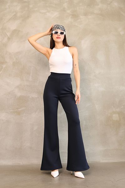 vesantia Women's Navy Blue High Waist Flared Trousers – Stylish and Comfortable Fit
