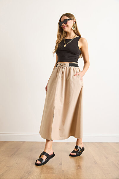 Olalook Women's Stone Black Banded Front Slit Lace Midi Bell Skirt Etk-19000321