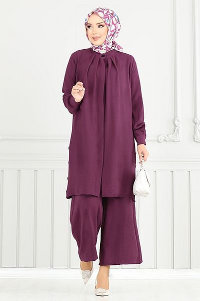 ModaMerve Hijab Suit with Hidden Buttons 3100Hbs932-M Plum