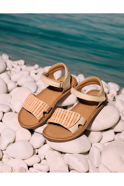 Ziddy Leather Sandals with Beads for Girls, Beige