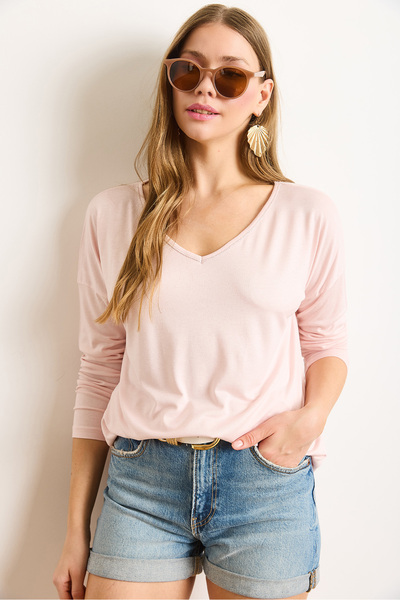 Olalook Γυναικεία Candy Pink Ασημένια Ραφή Λεπτομερής Βισκόζη Μπλούζα με λαιμόκοψη V BLZ-19002747