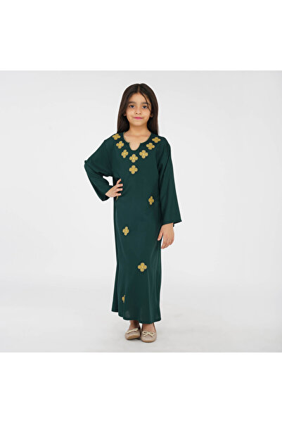LINELLE جلابية أطفال - ماكسي أخضر داكن بفتحة رقبة على شكل حرف V مزينة بزخارف ...