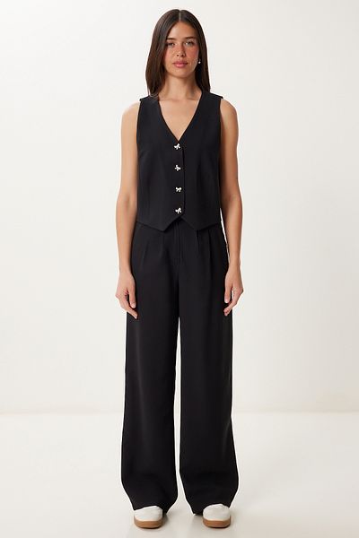 Lovelyİstanbul Bow Button Linen Vest Pants Suit Black Lrv0110