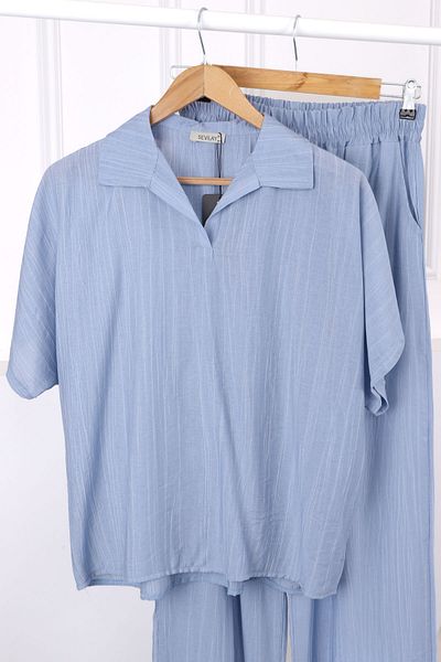 İmajButik Μπλε πουκάμισο εκτός ώμου Λινό κοστούμι με παντελόνι
