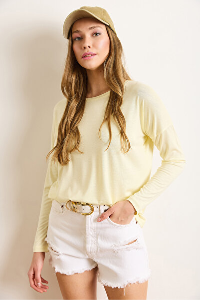 Olalook Kadın Sarı Bisiklet Yaka Yarasa Dökümlü Viskon Bluz BLZ-19002588