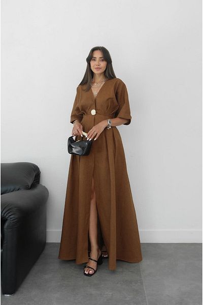 Havoş Φόρεμα από ακατέργαστο λινό με αξεσουάρ Camel Gold