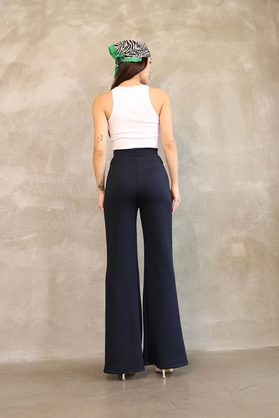 vesantia Women's Navy Blue High Waist Flared Trousers – Stylish and Comfortable Fit