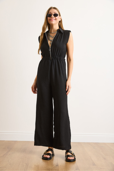 Olalook Women's Black Zippered Elastic Waist Draped Jumpsuit Tlm-19000163