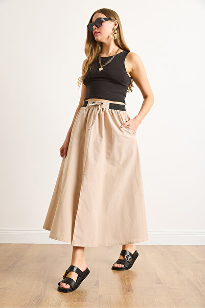 Olalook Women's Stone Black Banded Front Slit Lace Midi Bell Skirt Etk-19000321