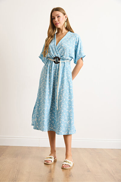 Olalook Дамска синя рокля миди с двуредно закопчаване и яка тип „прилеп“ ELB-19002458